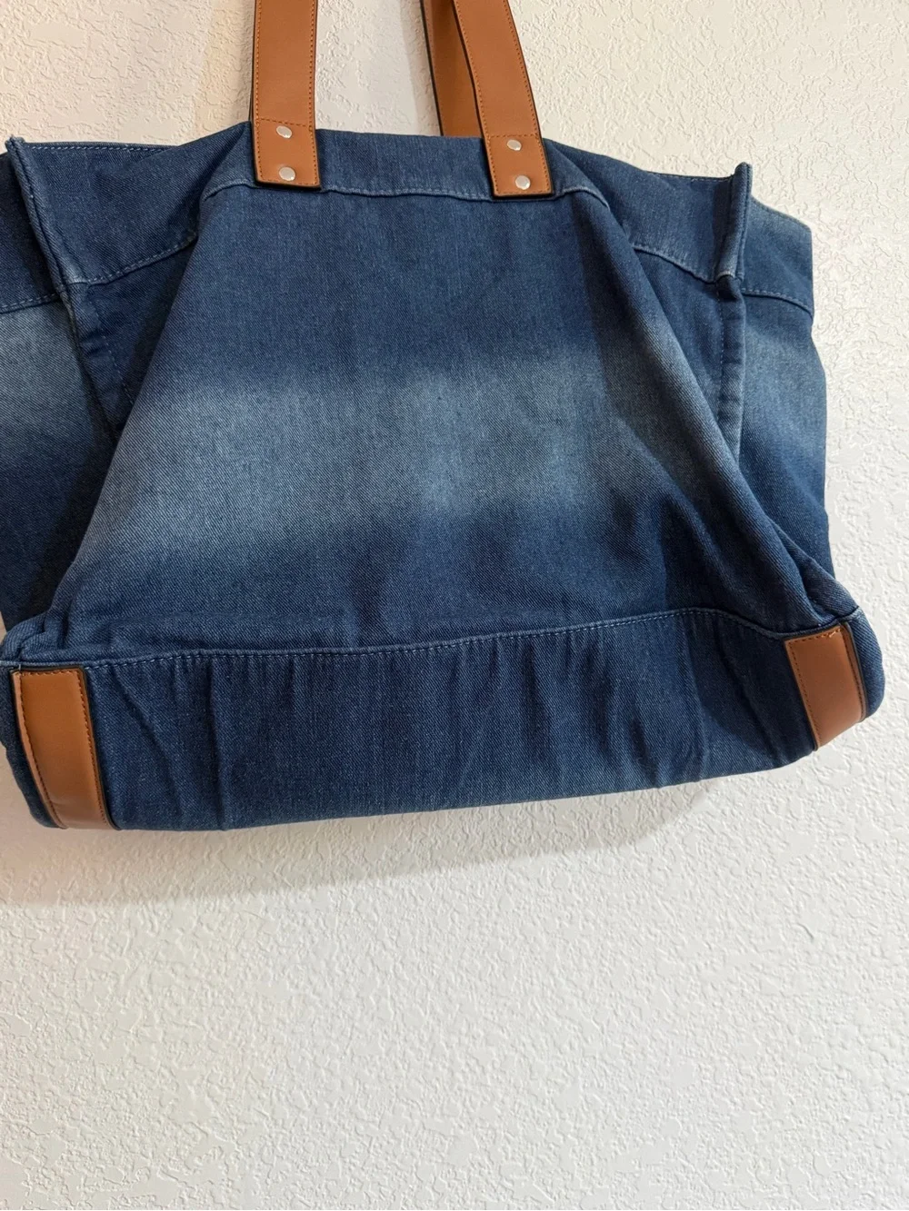 True Religion Denim Tote Bag in Blue with Tan Handles